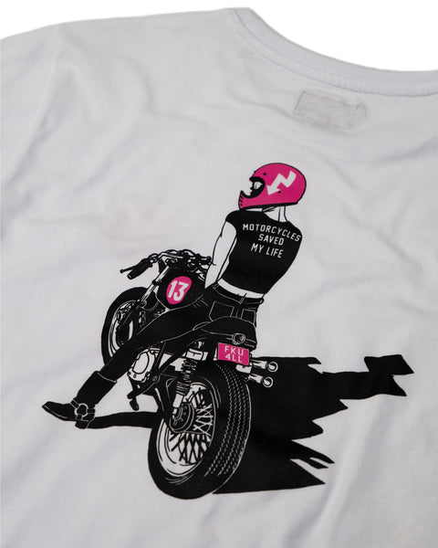 motorcycle white graphic t-shirt back detail