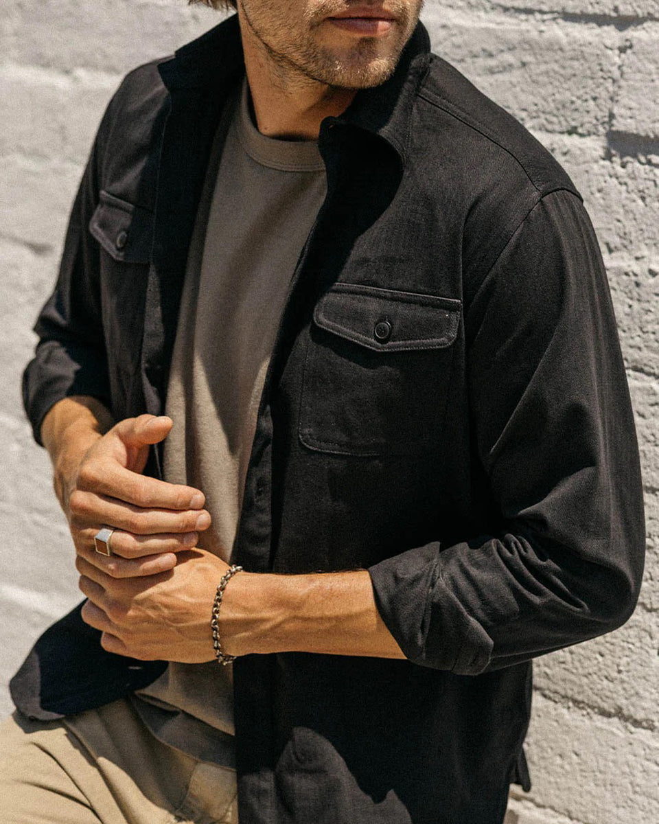 Grady + James - Roy Shirt black worn by model outdoors