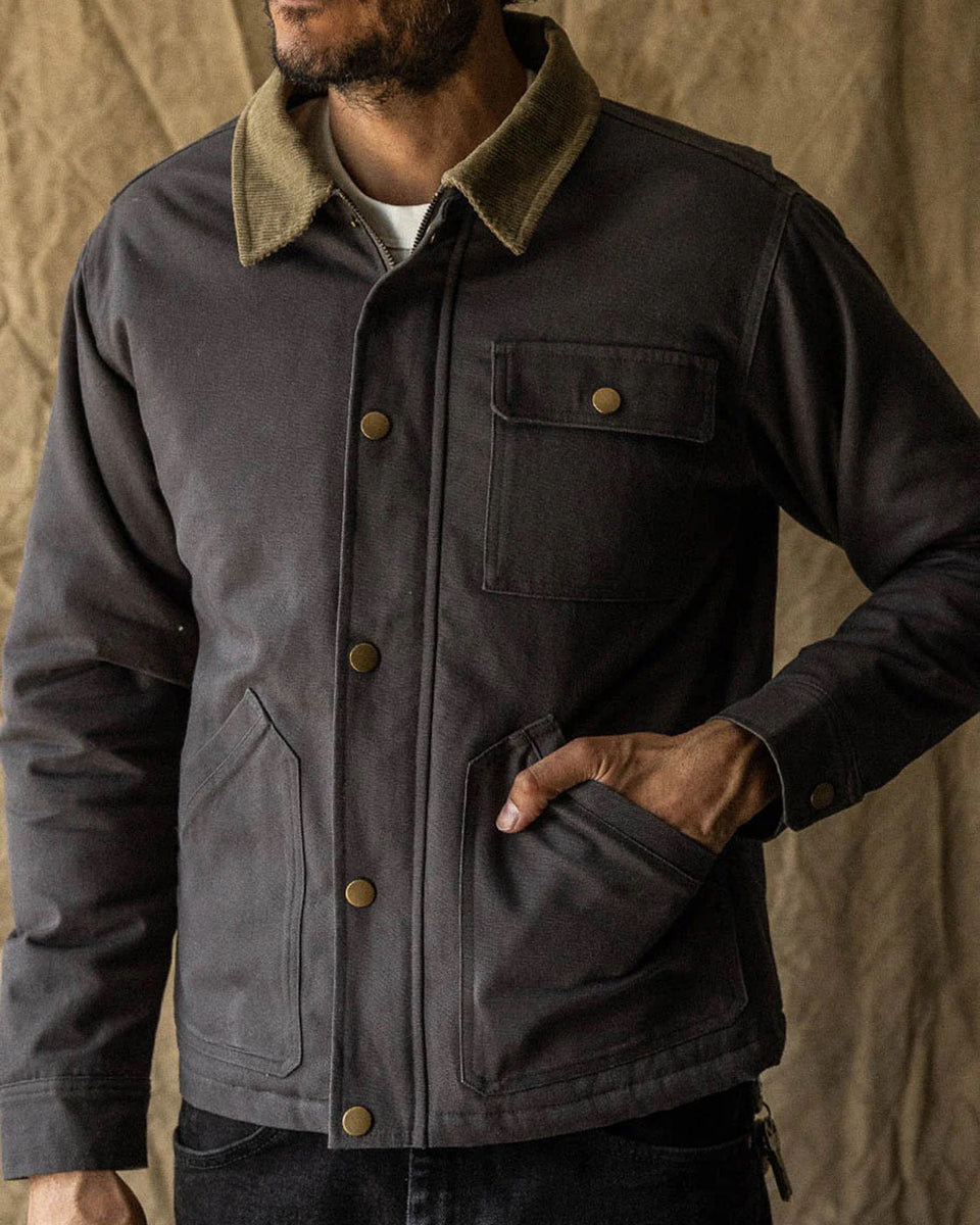 Grady + James - The Johnny Canvas Jacket gray worn. by model indoors