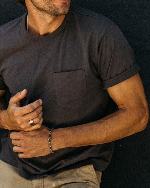 Grady + James - Austin Pocket Tee gray worn by model