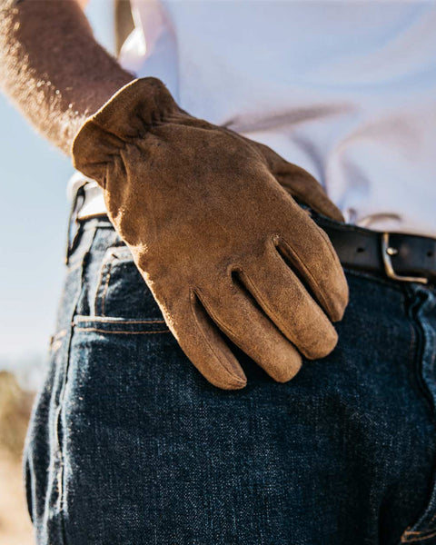 Grady + James - Waylon Glove Gold Rush worn by model outdoors