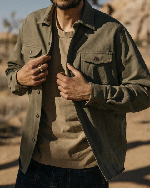 Grady + James - Roy Shirt olive worn by model outdoors