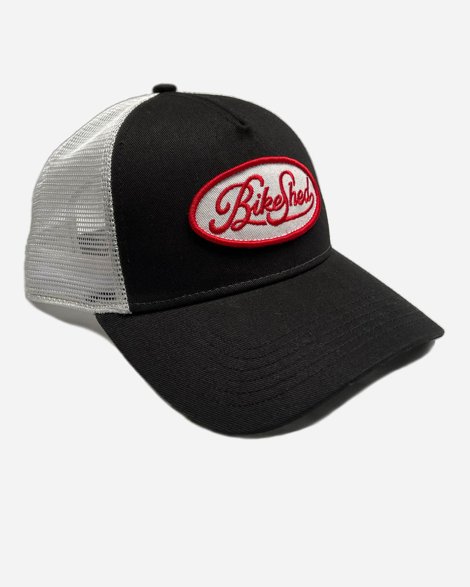 Bike Shed Logo Patch Baseball Hat - Black/White, side on