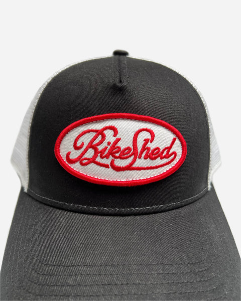 Bike Shed Logo Patch Baseball Hat  - Black/White, front on