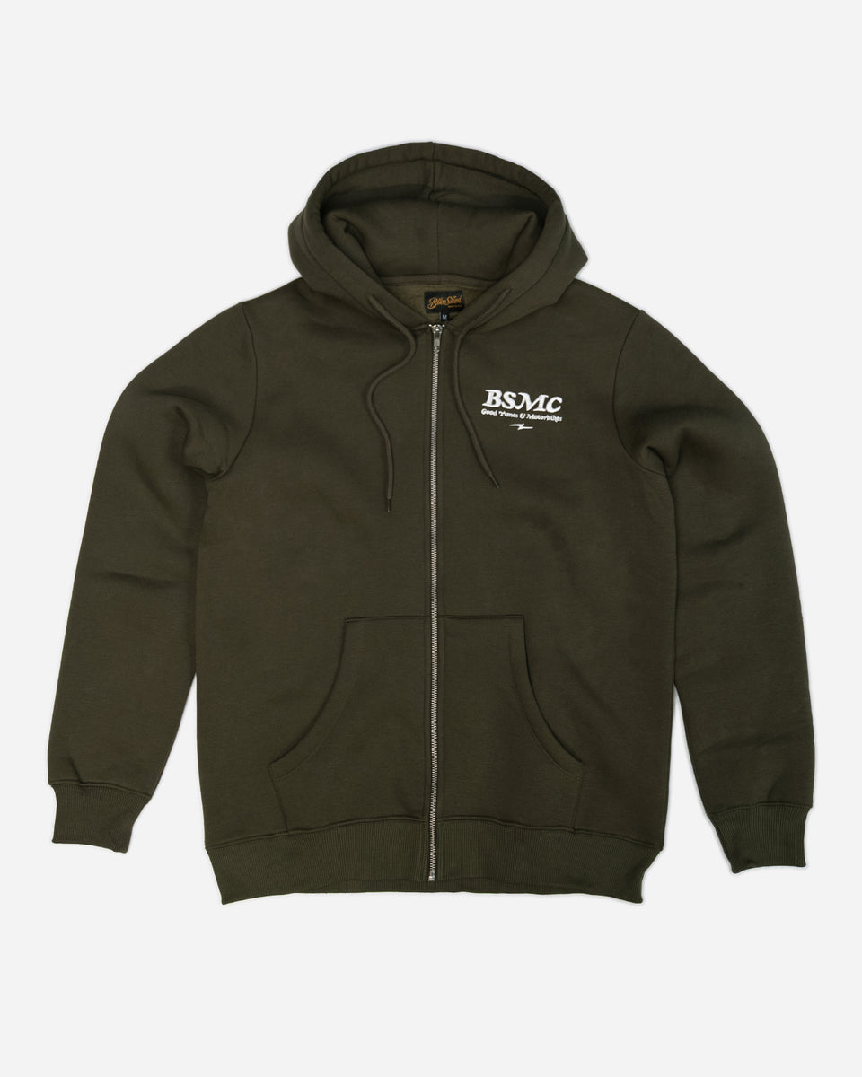 Green hoodie with 'Bike Shed Motorcycle Co.' embroidered on the front.