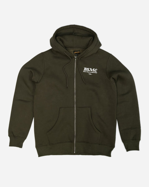 Green hoodie with 'Bike Shed Motorcycle Co.' embroidered on the front.