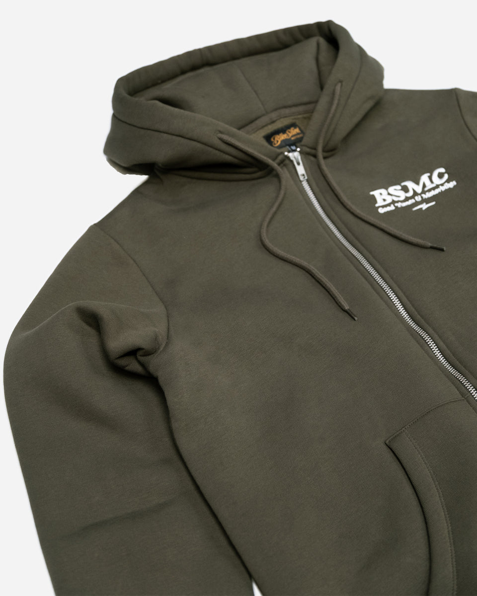 Green hoodie with 'Bike Shed Motorcycle Co.' embroidered on the front detail