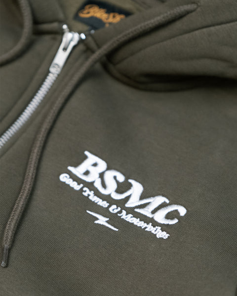 Green hoodie with 'Bike Shed Motorcycle Co.' embroidered on the front detail