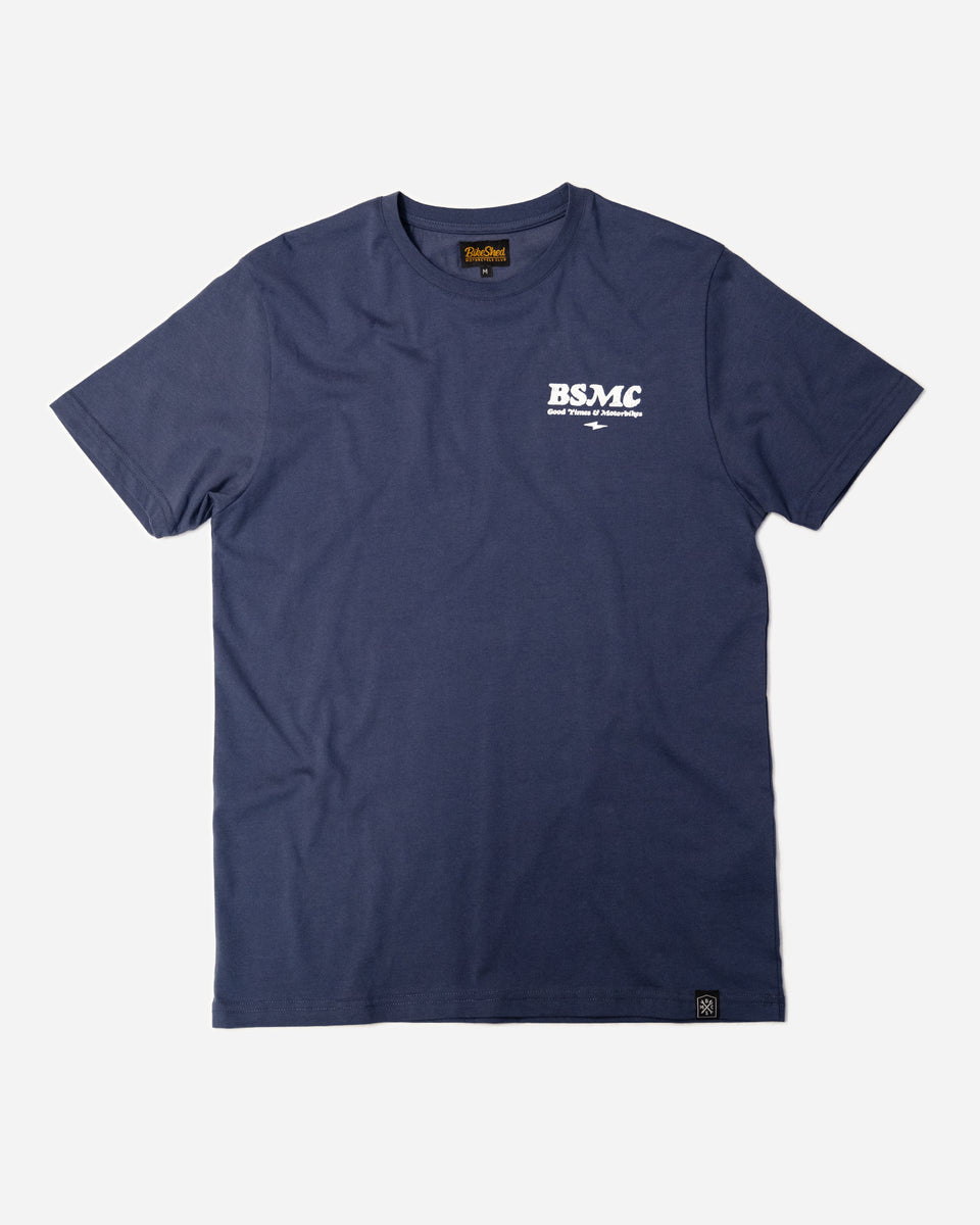 A navy-colored T-shirt with 'BIKE SHED MOTORCYCLE CO.' printed on the front