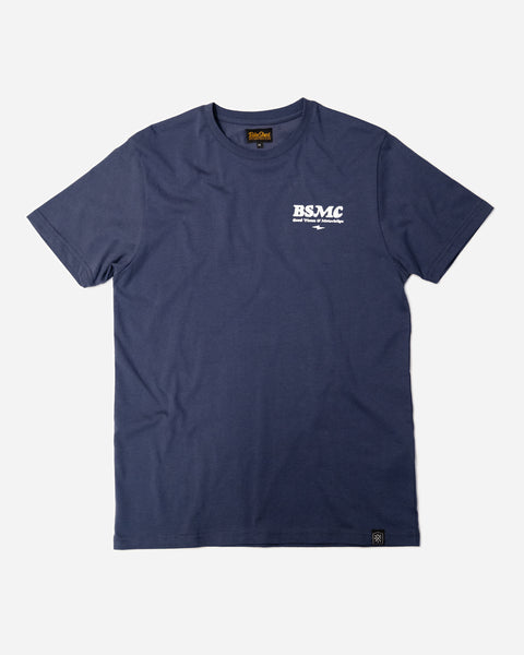 A navy-colored T-shirt with 'BIKE SHED MOTORCYCLE CO.' printed on the front