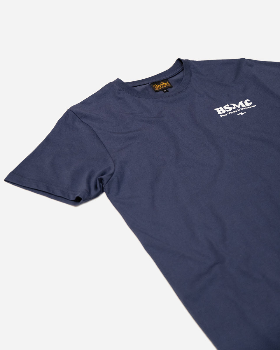 A navy-colored T-shirt with 'BIKE SHED MOTORCYCLE CO.' printed on the front.