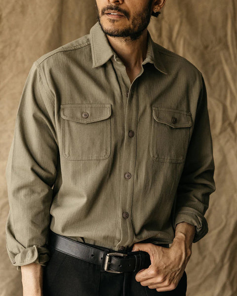 Grady + James - Roy Shirt olive worn by model indoors