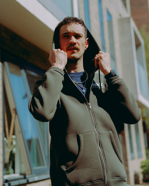 Green hoodie with 'Bike Shed Motorcycle Co.' embroidered on the front