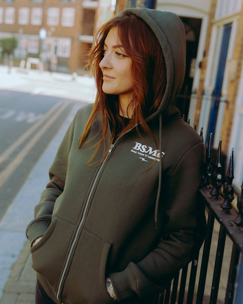 Green hoodie with 'Bike Shed Motorcycle Co.' embroidered on the front
