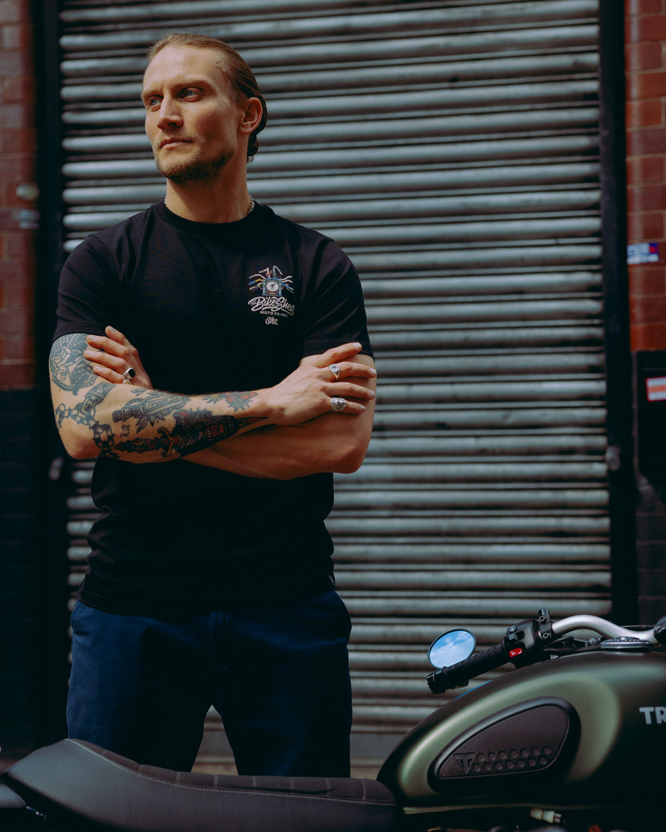 Black cotton t-shirt with mural motorcycle graphic front