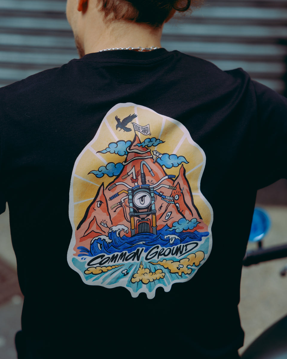 Black cotton t-shirt with mural motorcycle graphic back