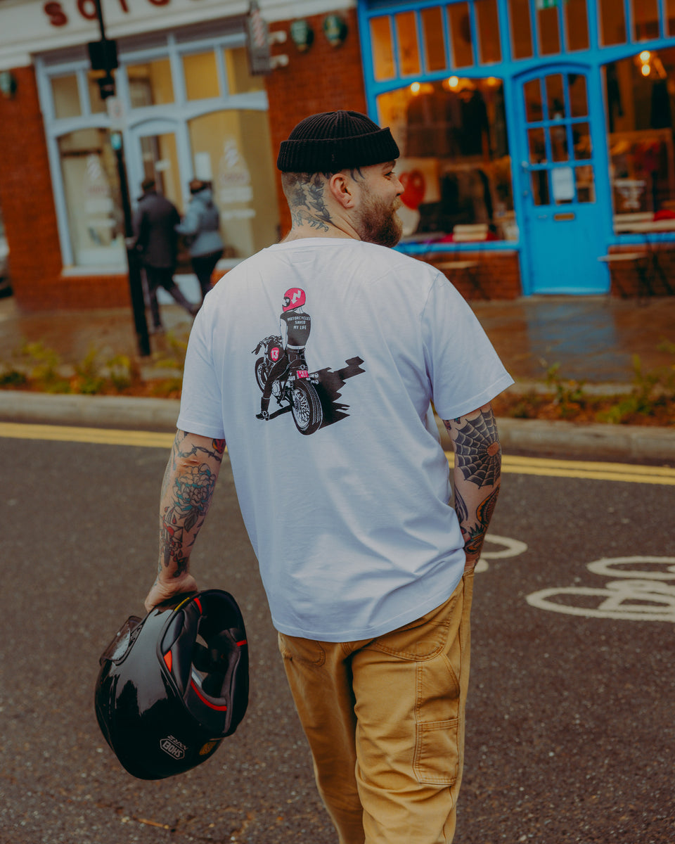 motorcycle white graphic t-shirt back