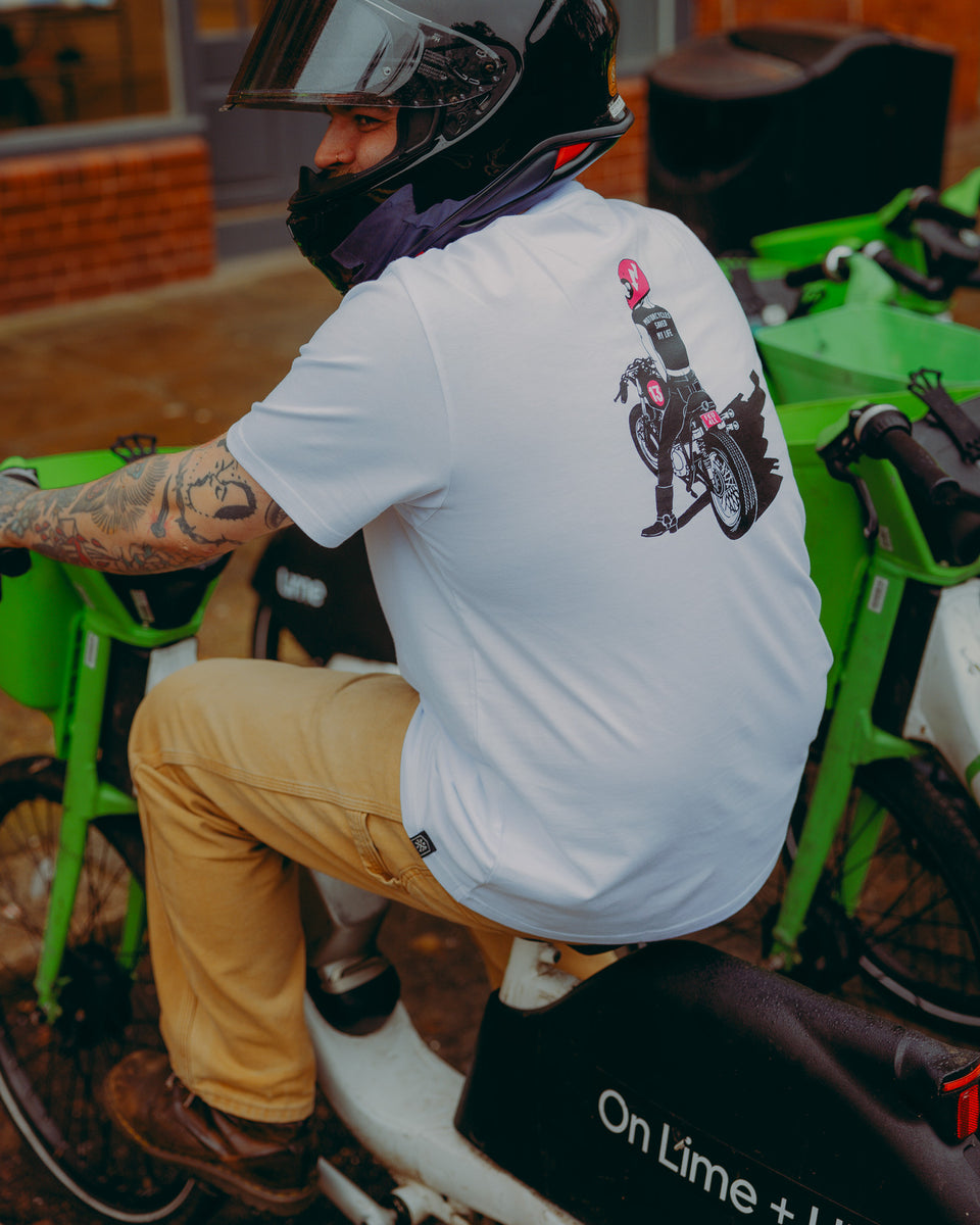 motorcycle white graphic t-shirt back