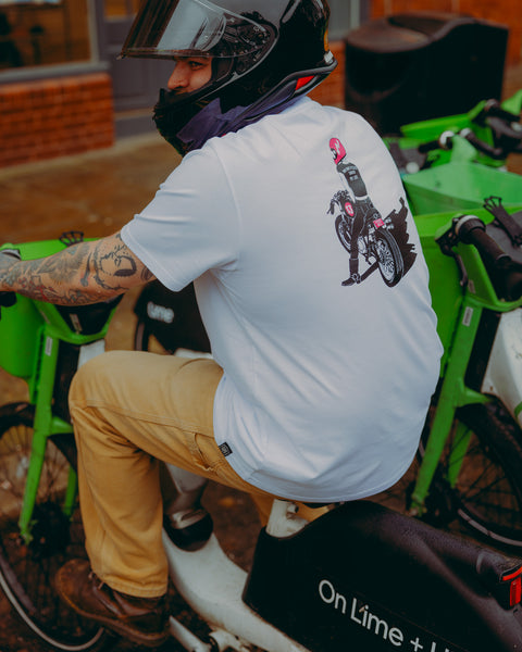 motorcycle white graphic t-shirt back