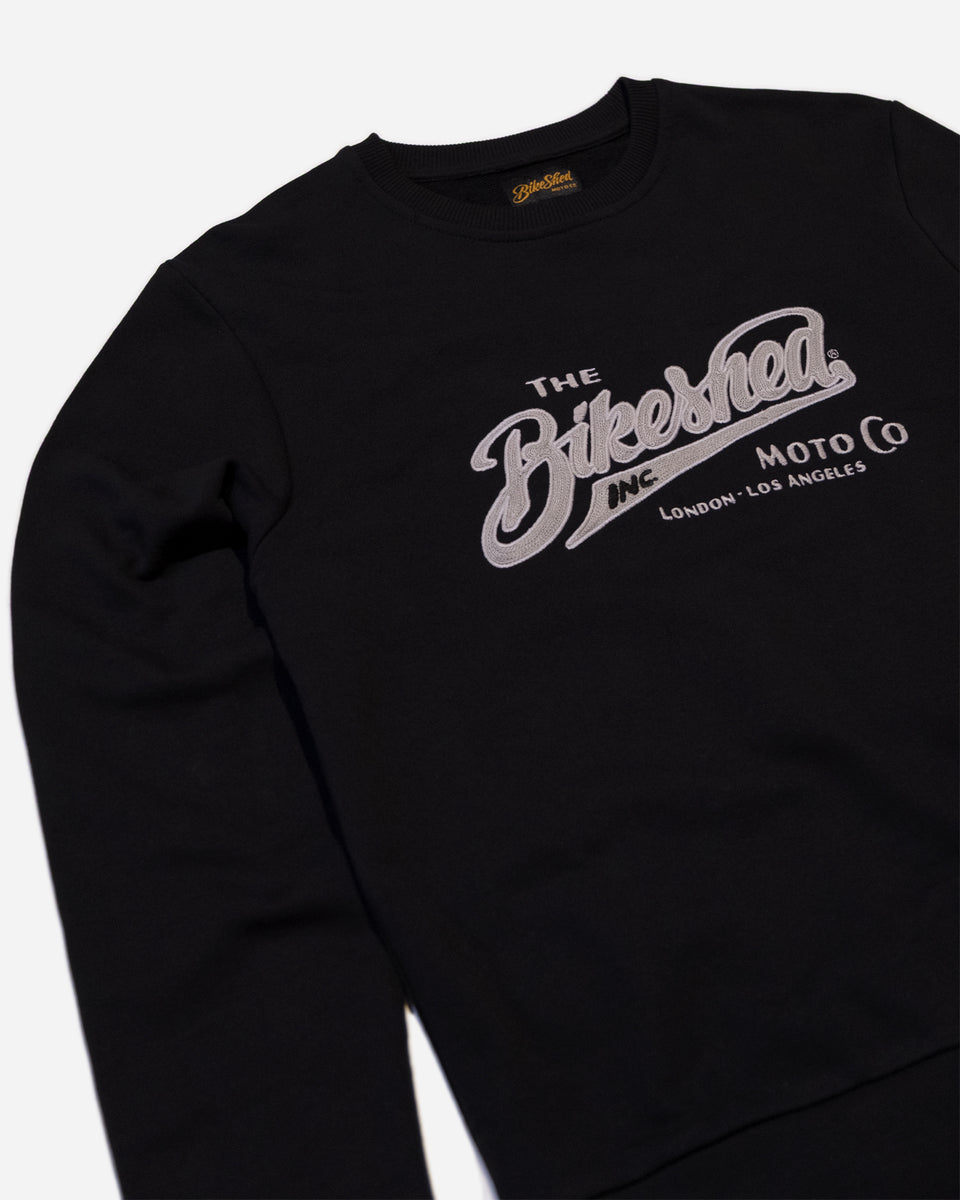 Bike Shed Inc Applique Sweat Black Studio Image Side Close Up