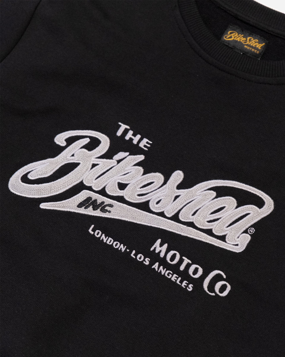 Bike Shed Inc Applique Sweat Black Studio Image Front Side Close Up