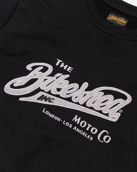 Bike Shed Inc Applique Sweat Black Studio Image Front Side Close Up
