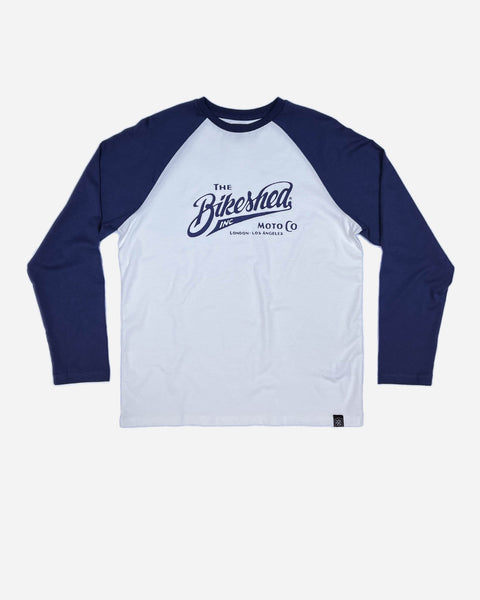 The Bike Shed Moto Co Inc. Baseball Jersey LS - Navy/White, front