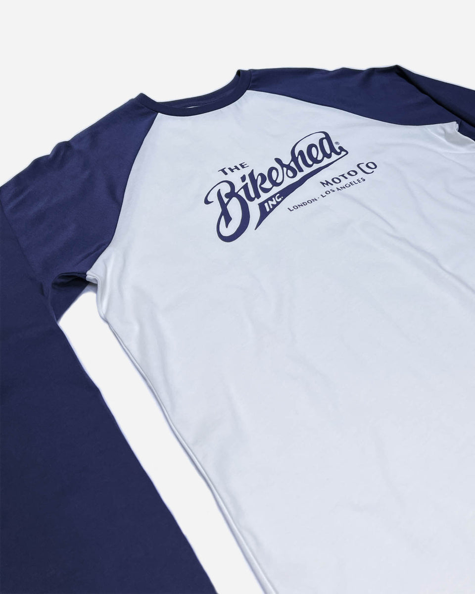 The Bike Shed Moto Co Inc. Baseball Jersey LS - Navy/White, side on close up