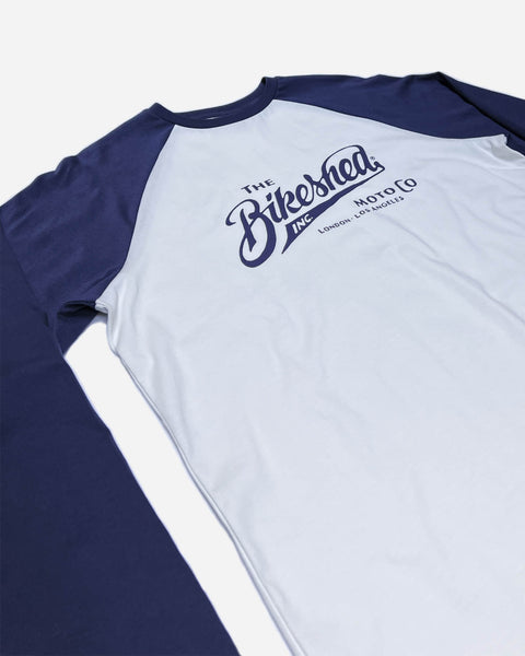 The Bike Shed Moto Co Inc. Baseball Jersey LS - Navy/White, side on close up