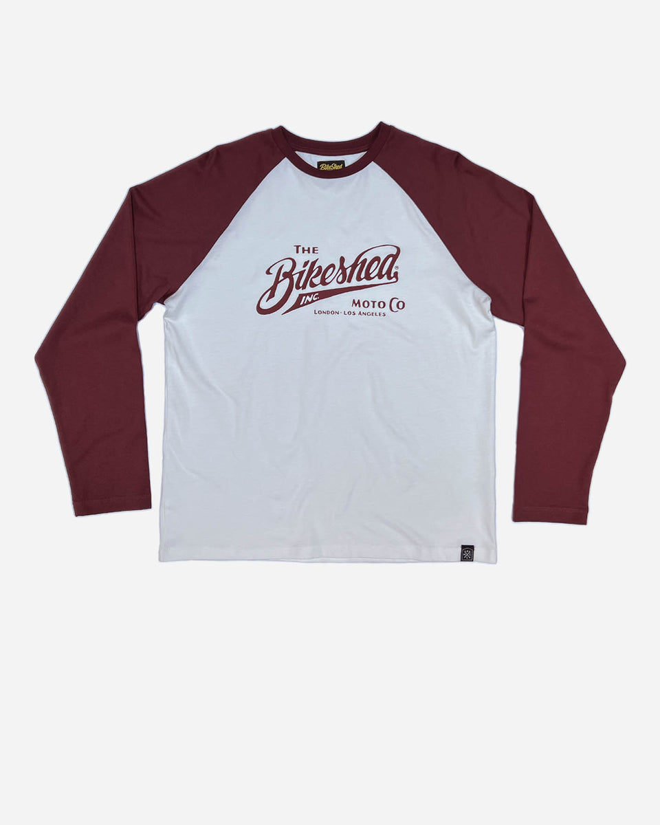 The Bike Shed Moto Co Inc. Baseball Jersey LS - Burgundy/White, front