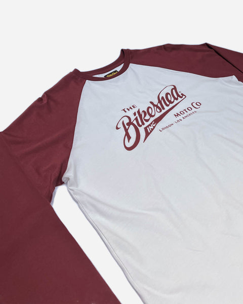The Bike Shed Moto Co Inc. Baseball Jersey LS  - Burgundy/White, side on close up