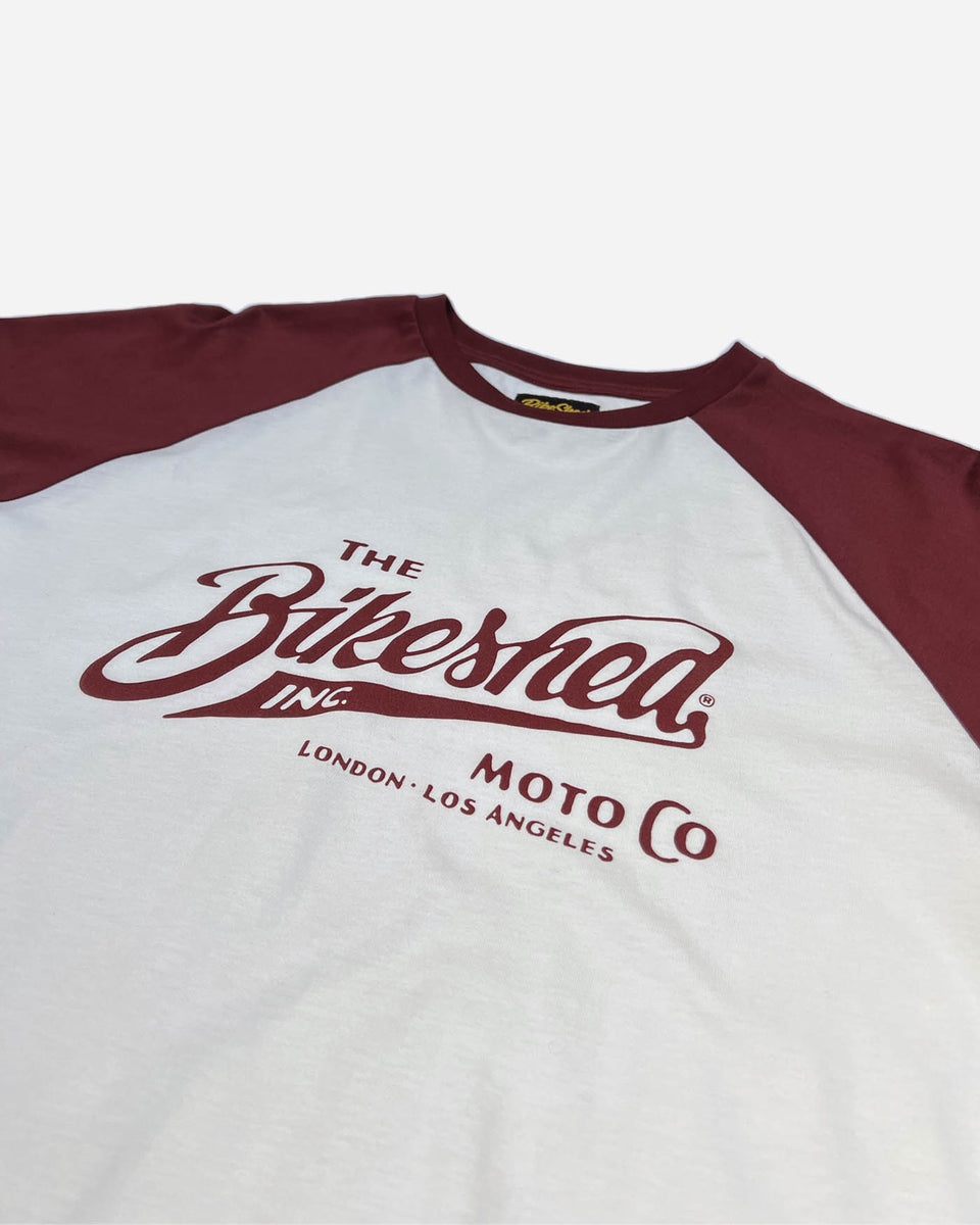 The Bike Shed Moto Co Inc. Baseball Jersey LS - Burgundy/White, logo close up