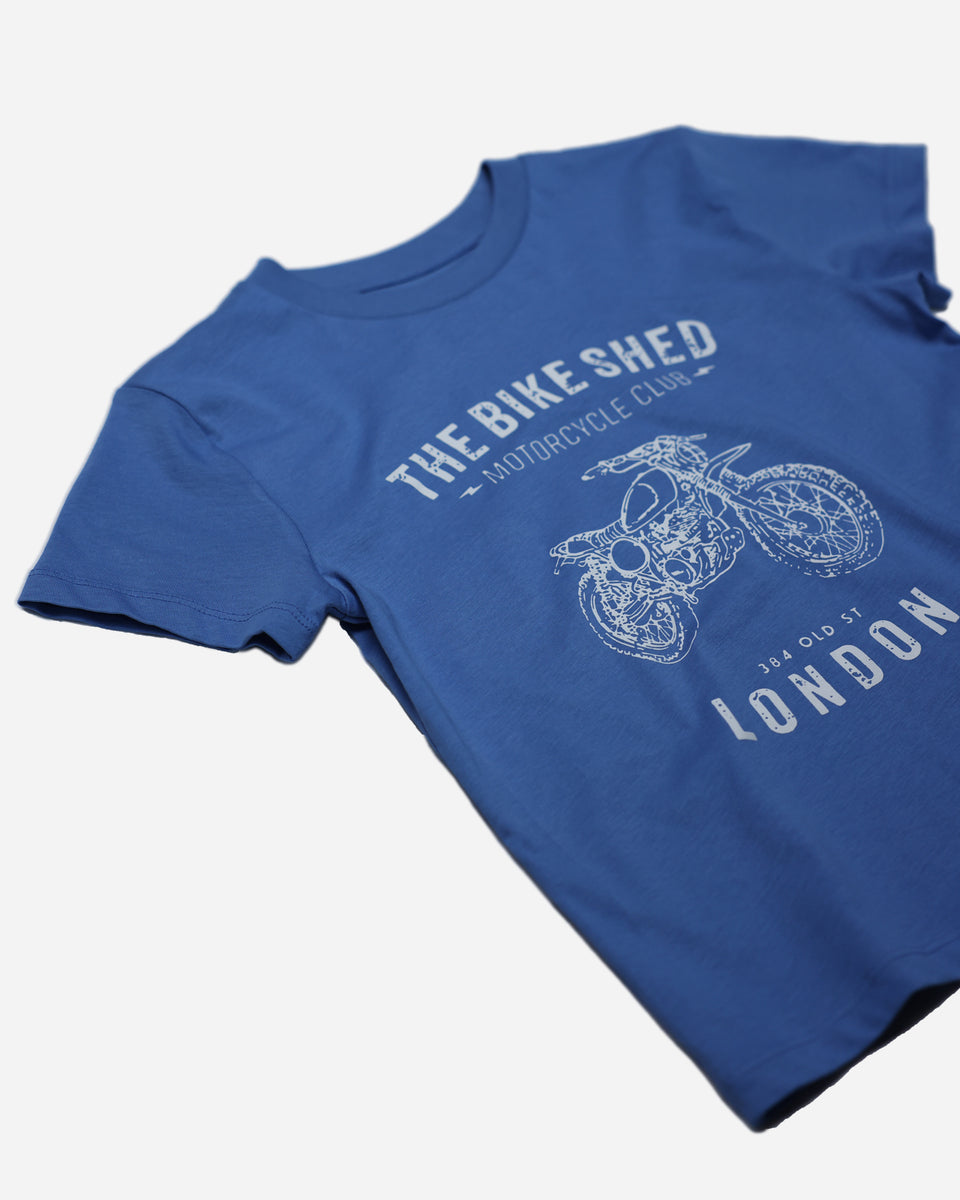Bike Shed Moto Club Motorcycle Kids T Shirt - Blue, front close up