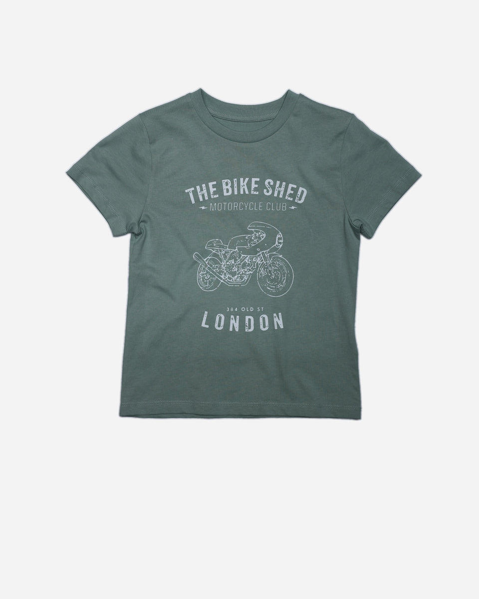 Bike Shed Moto Club Sporty Kids T Shirt - Green, front