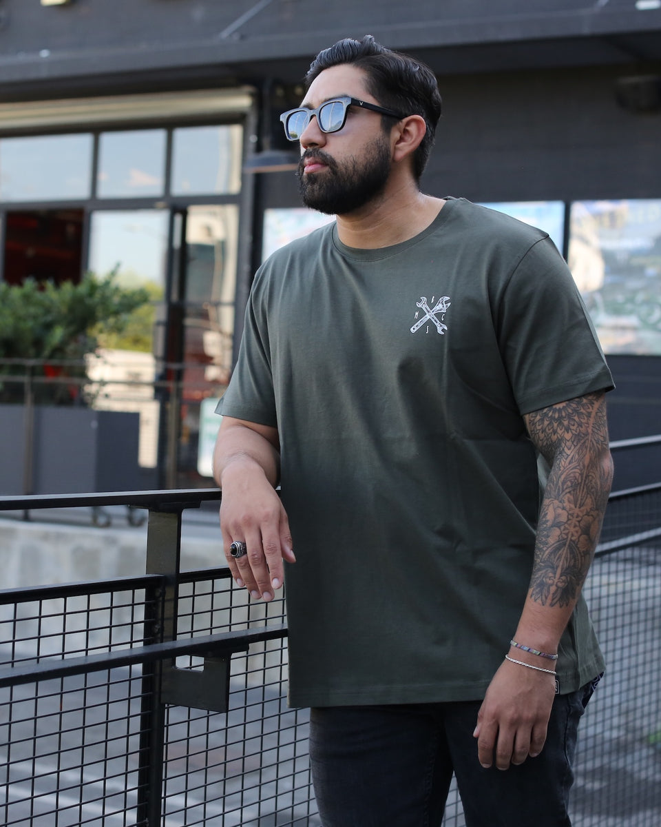 Model wearing our Motorcycle BSMC Toolkit Graphic T-Shirt - Khaki
