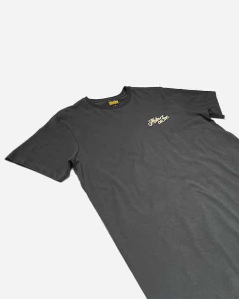 Bike Shed Moto Co Los Angeles Logo T Shirt - Asphalt, side on close up