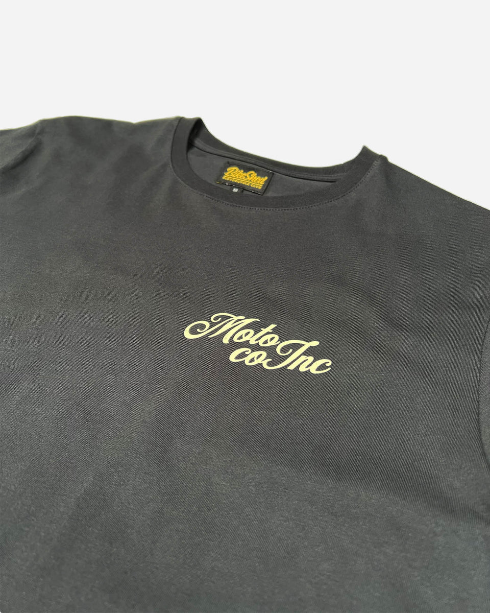 Bike Shed Moto Co Los Angeles Logo T Shirt - Asphalt, logo close up
