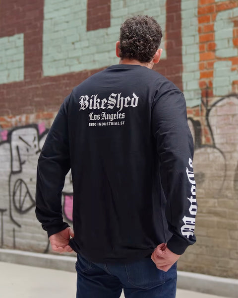 BSMC LA Rocker Long Sleeve T-Shirt - Black worn by model in front of a brick wall