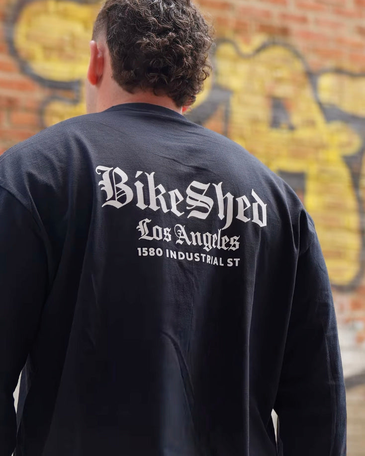 BSMC LA Rocker Long Sleeve T-Shirt - Black worn by model in front of a brick wall back detail