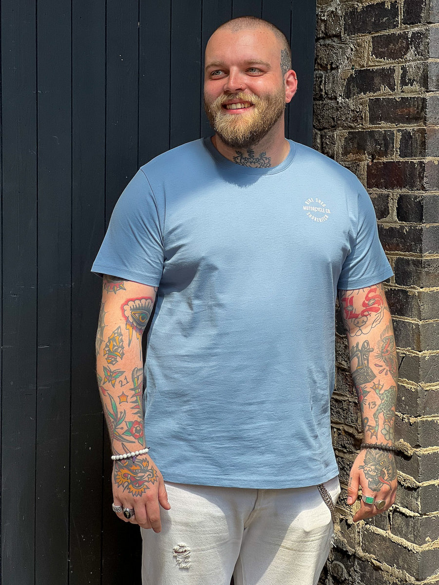 Liam wearing our BSMC London Rocker T Shirt - Blue