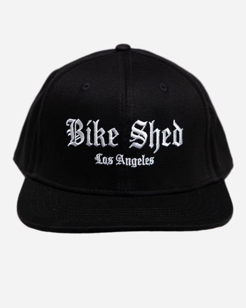 black Los Angeles Bike Shed Moto Co. snapback baseball hat front detail