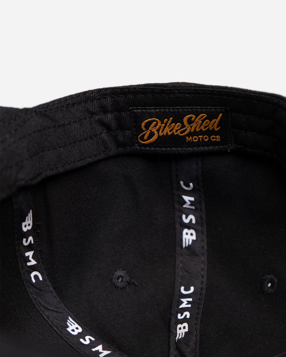 black Los Angeles Bike Shed Moto Co. snapback baseball hat inner detail