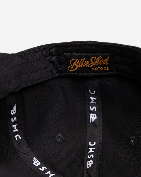 black Los Angeles Bike Shed Moto Co. snapback baseball hat inner detail