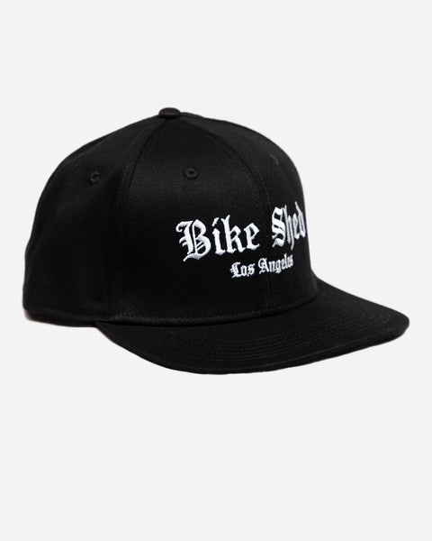 black Los Angeles Bike Shed Moto Co. snapback baseball hat front