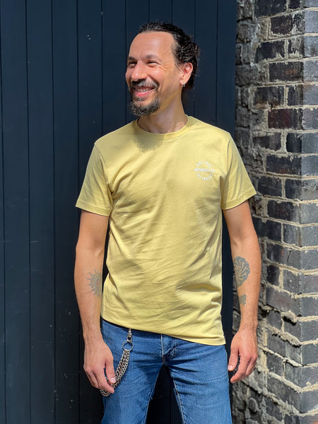 Magdy wearing our BSMC LA Rocker T Shirt - Sand