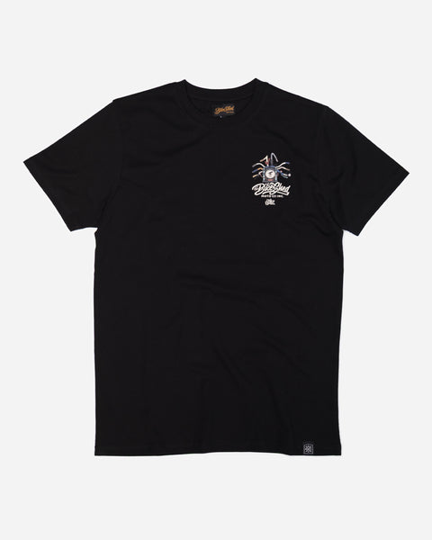 Black cotton t-shirt with mural motorcycle graphic front