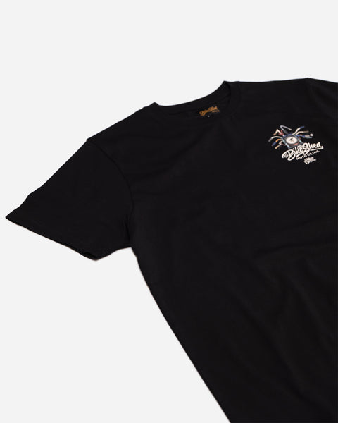 Black cotton t-shirt with mural motorcycle graphic front detail