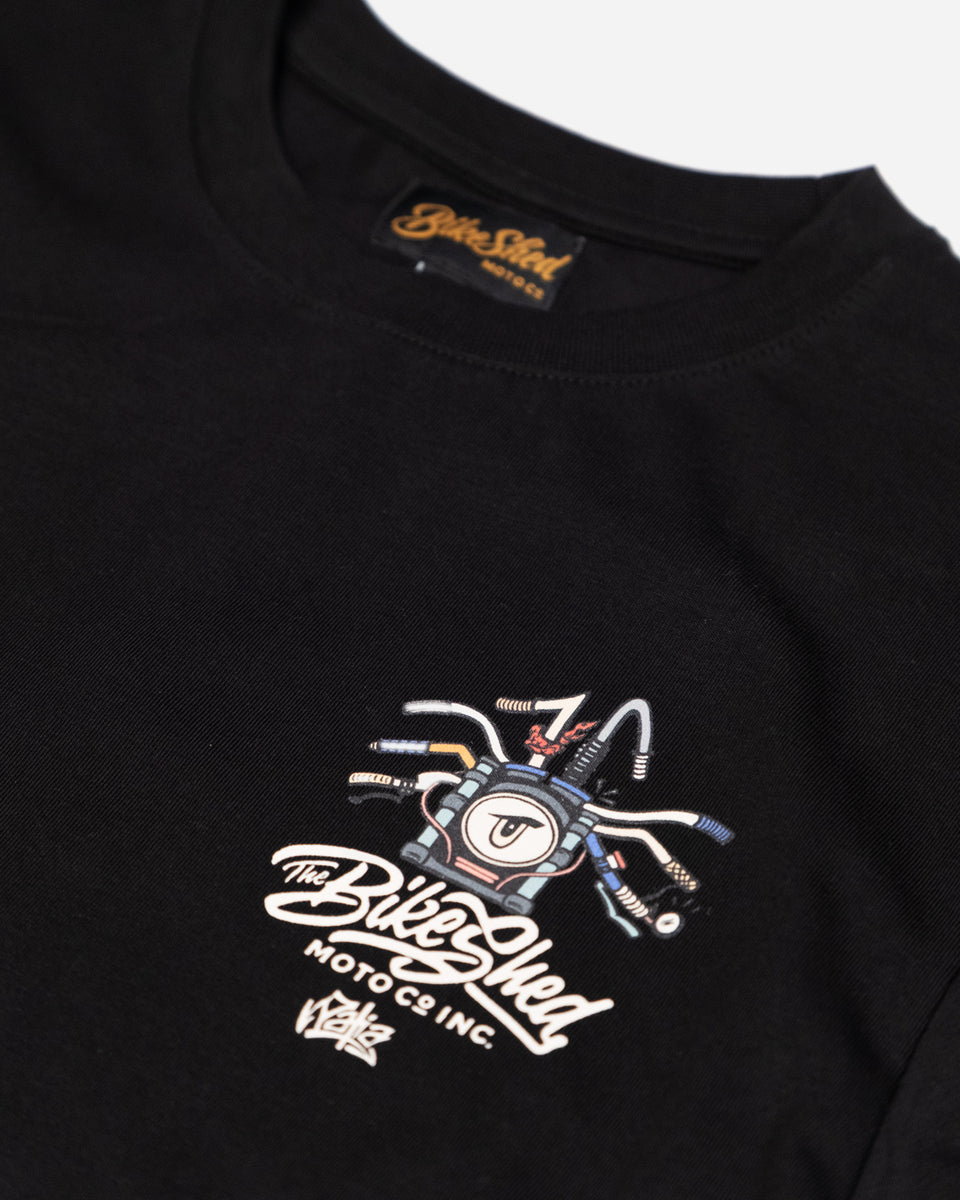 Black cotton t-shirt with mural motorcycle graphic front