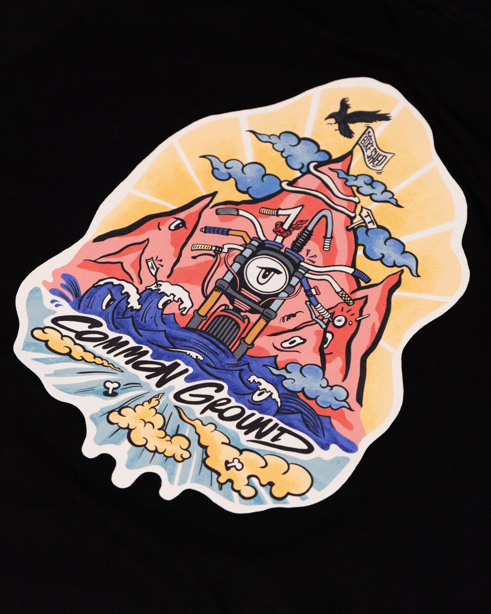 Black cotton t-shirt with mural motorcycle graphic back detail