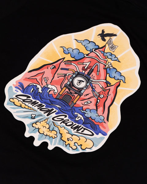 Black cotton t-shirt with mural motorcycle graphic back detail